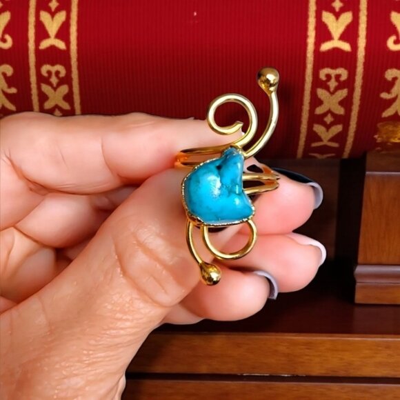 ๐๏ธTurkish Artisanal 18K Gold Plated Brass Adjustable Turquoise Cocktail Ring - Picture 5 of 12